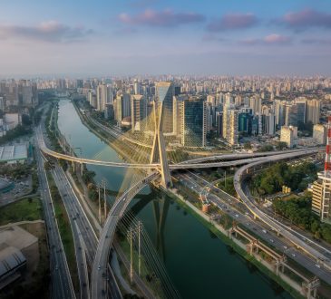 Aerial view of Octavio Frias de Oliveira Bridge in Sao Paulo, Brazil