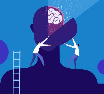 Illustration of two people in white coats opening brain to expose neural networks