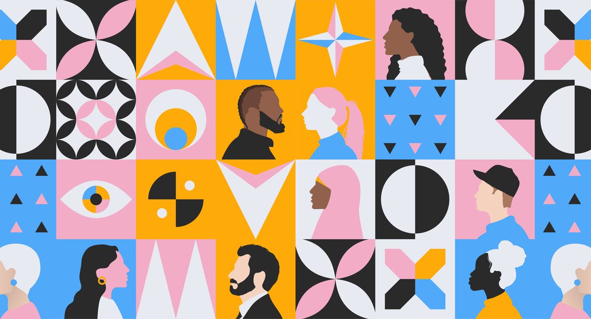 Colourful, abstract illustration of people from different cultures and age surrounded by geometric shapes