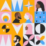 Colourful, abstract illustration of people from different cultures and age surrounded by geometric shapes