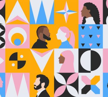 Colourful, abstract illustration of people from different cultures and age surrounded by geometric shapes