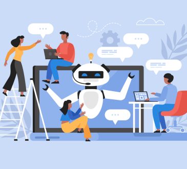 Illustration of people using AI technology and talking to chatbot on website