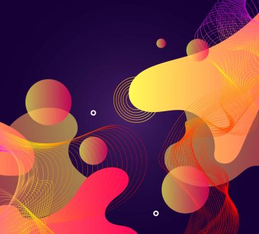Abstract yellow and red shapes on a purple background