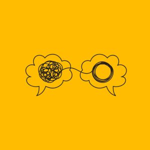 Illustration of two thought bubbles connected by string, organized neatly in one and jumbled in the other