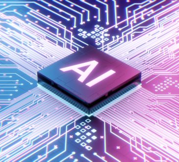 Illustration of a microchip with AI written on it.