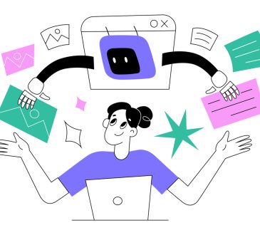 A stylized illustration of a person multitasking at a laptop, with a web browser window above them, using robotic arms to handle images, papers, and documents, representing efficiency in a digital workspace.