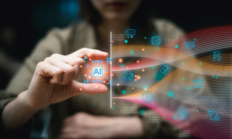 Photo illustration of person with hand out, "pinching" AI icon hovering between finger and thumb