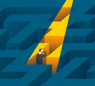 The image illustrates a person standing inside a maze, looking confused or lost, while a bright yellow path illuminates part of the maze.