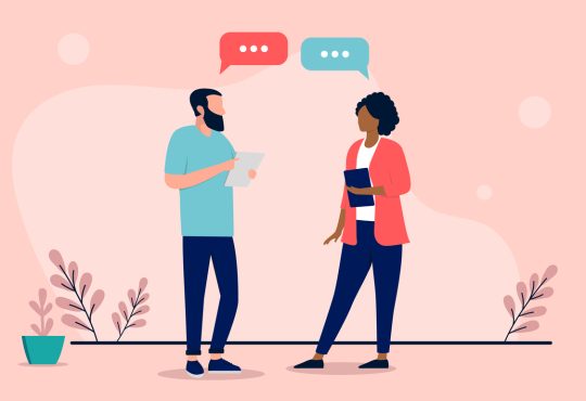Illustration of a man and woman facing each other with clipboards in their hands and speech bubbles on top of their heads.
