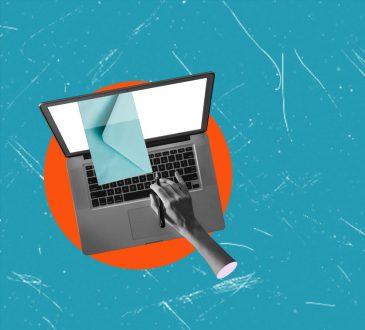 A laptop with a hand reaching to flip an open page on the screen, set against a blue background with an orange circle behind the laptop.