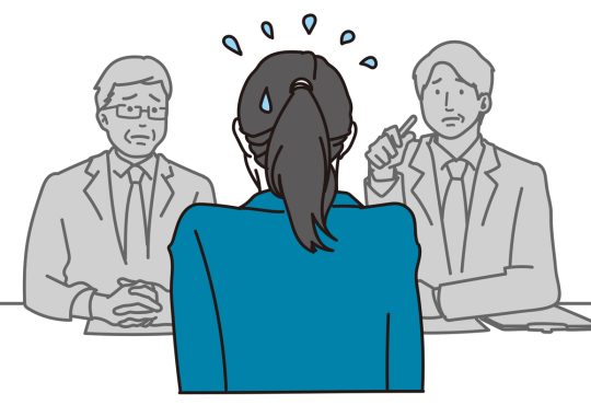 an illustration of a nervous job candidate, sweating during an interview, sitting in front of two interviewers who have serious expressions.