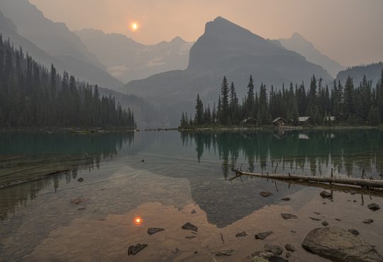 Lake O’Hara shrouded in forest fire smoke in Yoho National Park, British Columbia