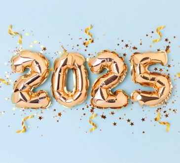 Golden inflatable balloons spelling out 2025