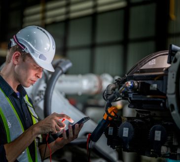 Technician checking for repair on factory machine