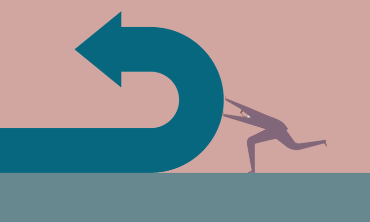Illustration of person pushing back against giant arrow to change its direction