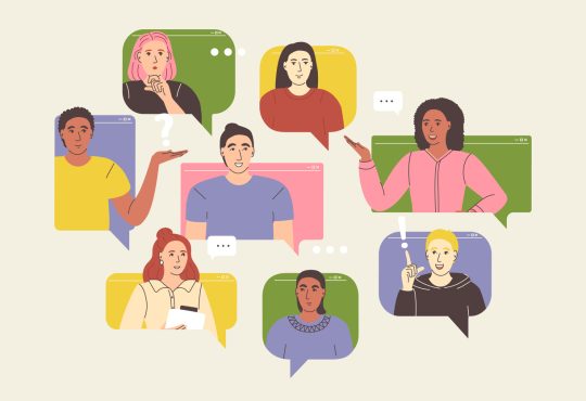 Illustration of various people in speech bubbles talking