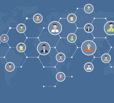 Illustration of person holding up phone with web of connections of people beside it