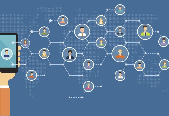 Illustration of person holding up phone with web of connections of people beside it