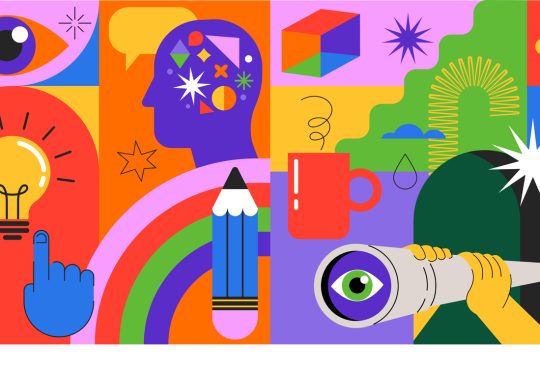 Geometrical style vector design with light bulb, brain, pencil.