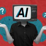Photo illustration of person with AI on TV screen for head