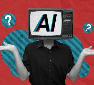 Photo illustration of person with AI on TV screen for head