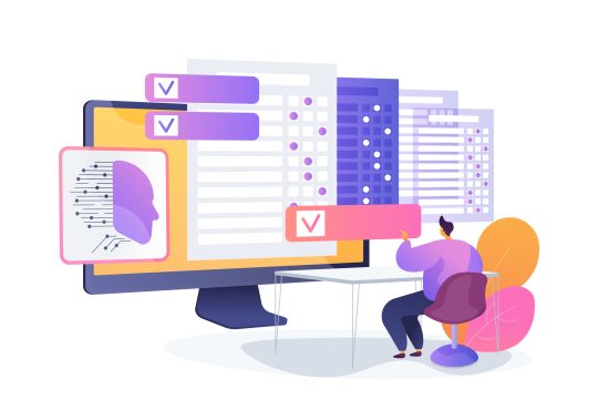 AI Grading Assistant abstract concept vector illustration. AI tool scans and grades student assignments, providing instant feedback and highlighting errors. abstract metaphor.