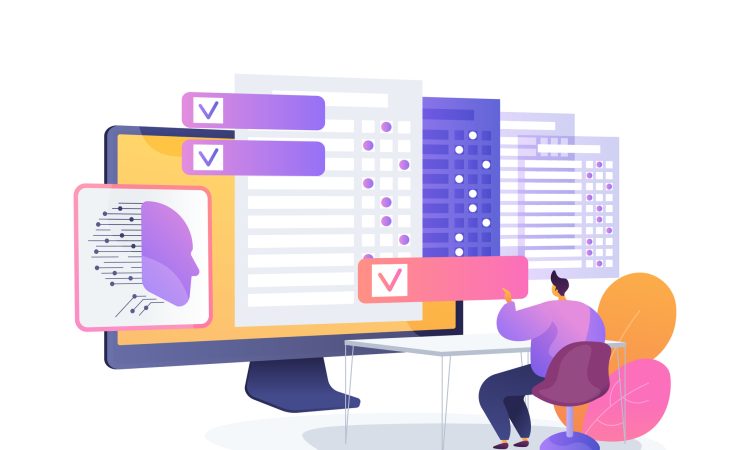 AI Grading Assistant abstract concept vector illustration. AI tool scans and grades student assignments, providing instant feedback and highlighting errors. abstract metaphor.