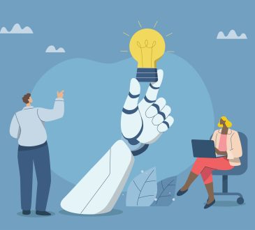 Collaboration of personnel with artificial intelligence or AI, Promoting ideas and creativity, Innovative new product development, Business team working with a robot hand that holds a light bulb.