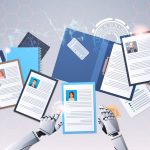 robot hands choosing resumes vector illustration