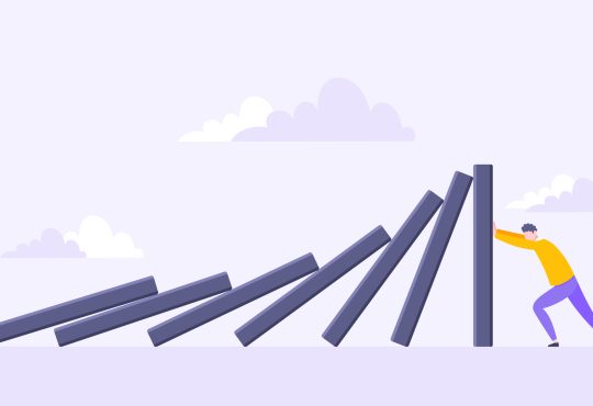 Domino effect or business resilience metaphor vector illustration. Adult young man pushing falling domino line business concept of problem solving.