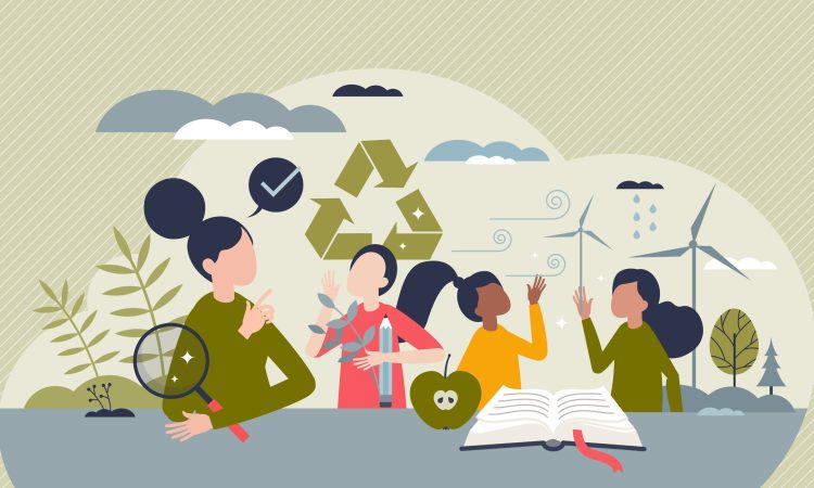 Education for sustainability as teaching ecology for kids tiny person concept. Environment, climate and nature protection learning in school for future with responsible community vector illustration.