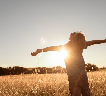 Happy little boy child standing in a meadow with arms outstretched.