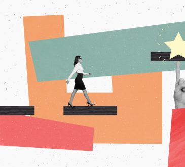 Photo creative collage picture businesswoman walk towards star target goal achievement pointing finger formalwear career promotion purpose.